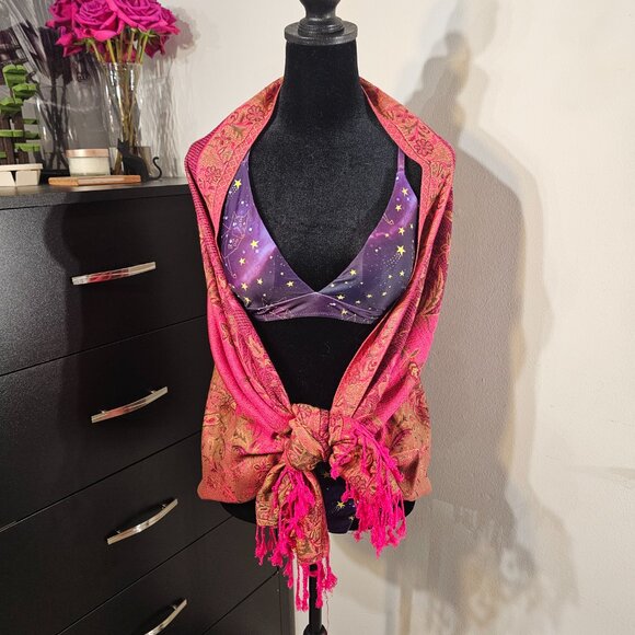 Gold, pink, floral, paisley, reversible, authentic pashmina scarf. - Picture 6 of 16